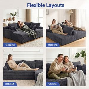 English Elm 95 Inch L Shaped Corduroy Sectional Cloud Sofa Modular Living Room Chaise Ottoman W3728S00021