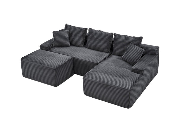English Elm 95 Inch L Shaped Corduroy Sectional Cloud Sofa Modular Living Room Chaise Ottoman W3728S00021