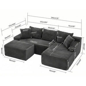 English Elm 95 Inch L Shaped Corduroy Sectional Cloud Sofa Modular Living Room Chaise Ottoman W3728S00021