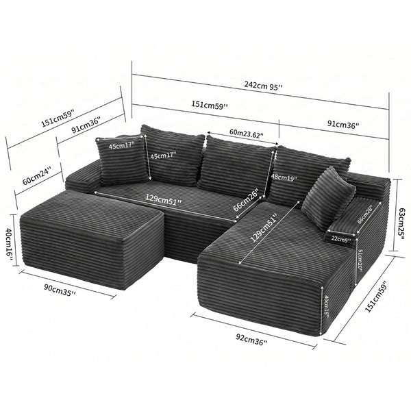 English Elm 95 Inch L Shaped Corduroy Sectional Cloud Sofa Modular Living Room Chaise Ottoman W3728S00021