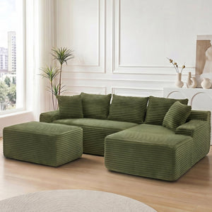 English Elm 95 Inch Modular Cloud Sectional Sofa with Corduroy Upholstery Chaise and Ottoman W3728S00022