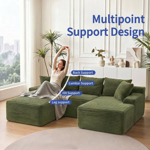 English Elm 95 Inch Modular Cloud Sectional Sofa with Corduroy Upholstery Chaise and Ottoman W3728S00022