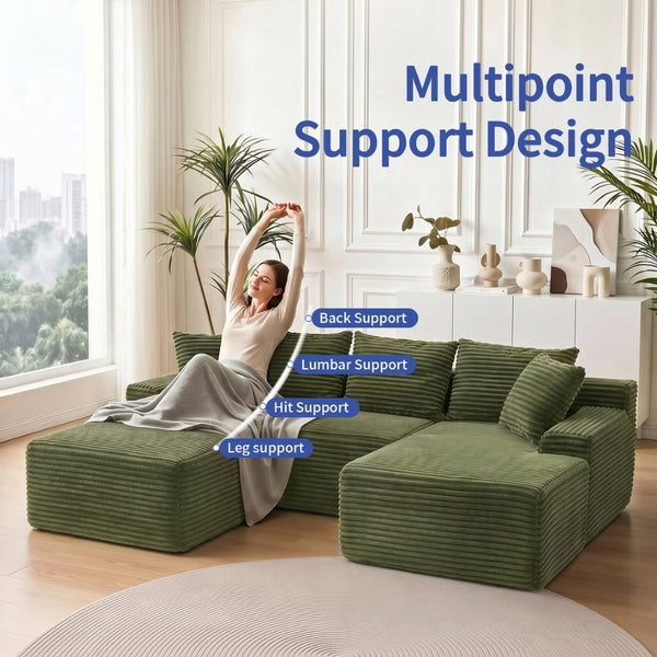 English Elm 95 Inch Modular Cloud Sectional Sofa with Corduroy Upholstery Chaise and Ottoman W3728S00022