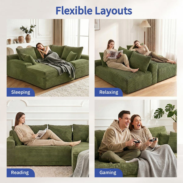 English Elm 95 Inch Modular Cloud Sectional Sofa with Corduroy Upholstery Chaise and Ottoman W3728S00022