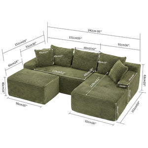 English Elm 95 Inch Modular Cloud Sectional Sofa with Corduroy Upholstery Chaise and Ottoman W3728S00022