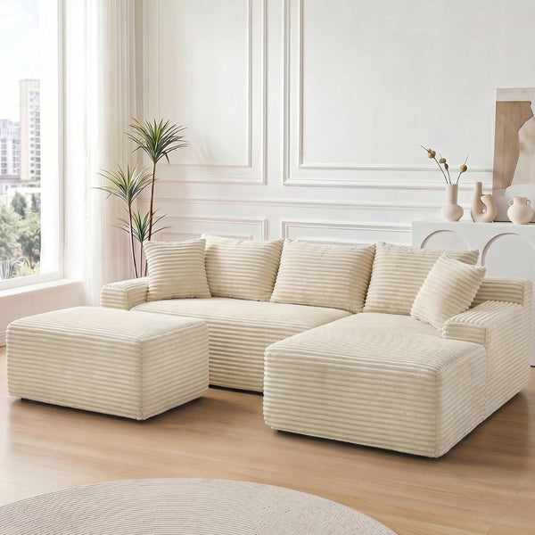 English Elm 95 Inch Modular Cloud Sectional Sofa Corduroy Upholstered L Shape with Chaise Ottoman W3728S00023