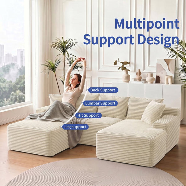 English Elm 95 Inch Modular Cloud Sectional Sofa Corduroy Upholstered L Shape with Chaise Ottoman W3728S00023