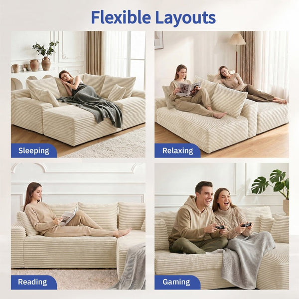 English Elm 95 Inch Modular Cloud Sectional Sofa Corduroy Upholstered L Shape with Chaise Ottoman W3728S00023