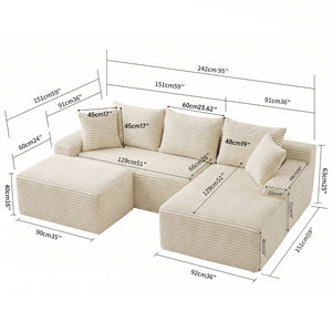 English Elm 95 Inch Modular Cloud Sectional Sofa Corduroy Upholstered L Shape with Chaise Ottoman W3728S00023
