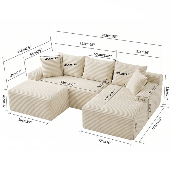 English Elm 95 Inch Modular Cloud Sectional Sofa Corduroy Upholstered L Shape with Chaise Ottoman W3728S00023