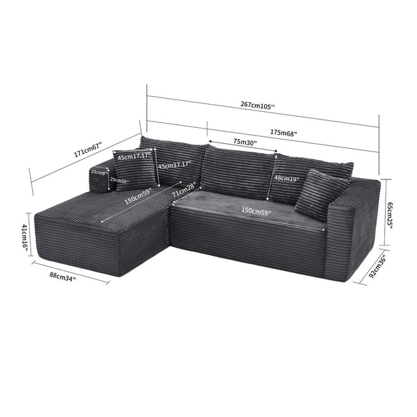 English Elm 105 Inch Modular Corduroy Sectional Sofa Deep Lounging L Shape Cloud Cushion Design W3728S00025