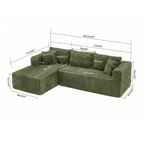 English Elm 105 Inch Corduroy Cloud Sectional with Deep Sink Cushions and Modular L-Shape Design W3728S00026