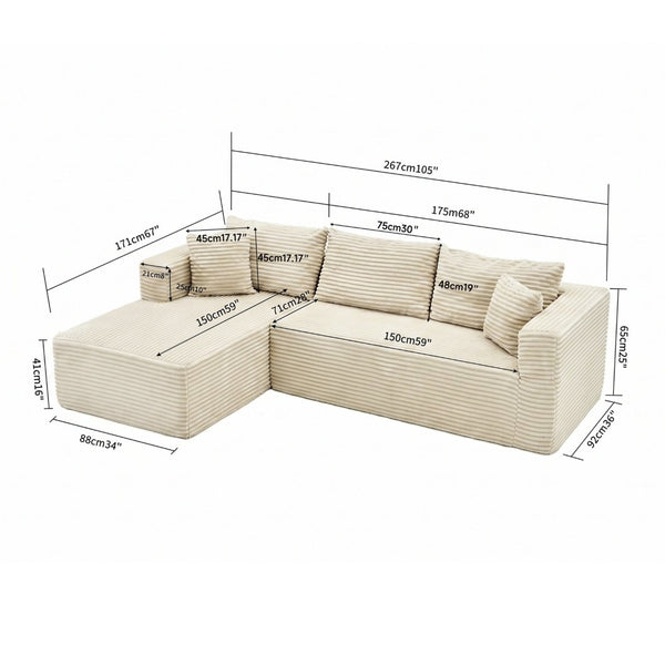 English Elm 105 Inch Modular Sectional Sofa Corduroy Cloud Cushion L Shape Lounger Living Room W3728S00027