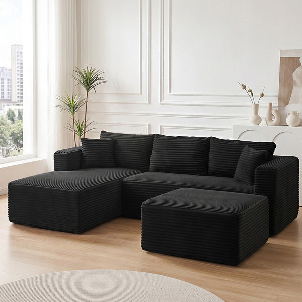 English Elm 105 Inch Modular Corduroy Sectional Sofa with Chaise Ottoman and Storage Pocket Black - B W3728S00028