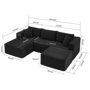 English Elm 105 Inch Modular Corduroy Sectional Sofa with Chaise Ottoman and Storage Pocket Black - B W3728S00028