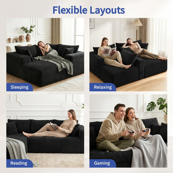 English Elm 105 Inch Modular Corduroy Sectional Sofa with Chaise Ottoman and Storage Pocket Black - B W3728S00028