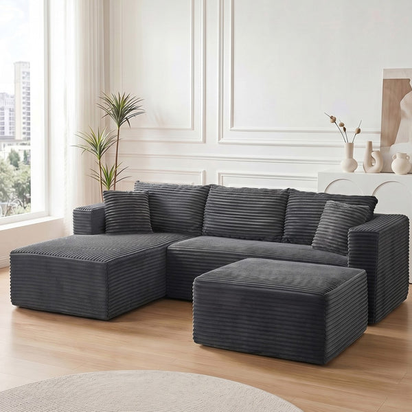 English Elm 105 Inch Modular Corduroy Sectional Sofa with Chaise Ottoman and Storage Pocket Grey - B W3728S00029