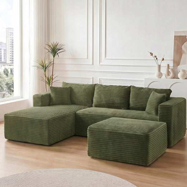 English Elm 105 Inch Modular Corduroy Sectional Sofa with Chaise Ottoman and Storage Pocket Green - B W3728S00030