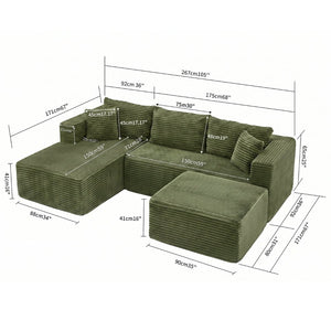 English Elm 105 Inch Modular Corduroy Sectional Sofa with Chaise Ottoman and Storage Pocket Green - B W3728S00030
