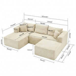 English Elm 105 Inch Modular Corduroy Sectional Sofa with Chaise Ottoman and Storage Pocket Beige - B W3728S00031