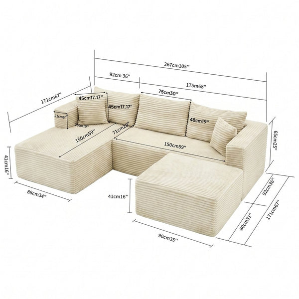 English Elm 105 Inch Modular Corduroy Sectional Sofa with Chaise Ottoman and Storage Pocket Beige - B W3728S00031