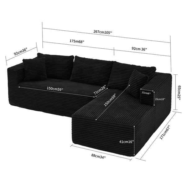 English Elm 105 Inch Modular Corduroy Sectional Sofa Deep Lounge Cloud Cushion Living Room Couch W3728S00032