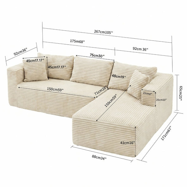 English Elm 105 Inch Modular Corduroy Sectional Sofa Deep Lounge Cloud Cushion Living Room Chaise W3728S00035
