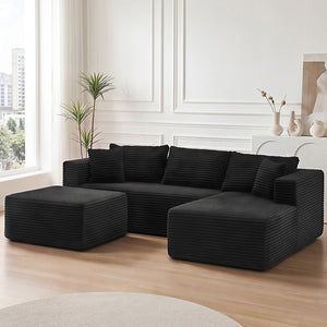 English Elm 105 Inch Modular Corduroy Sectional Sofa with Chaise Ottoman and Storage Pocket Black - A W3728S00036