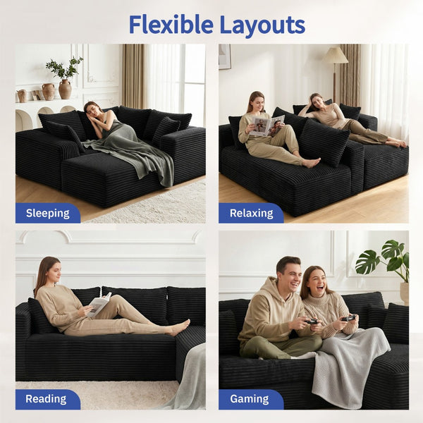 English Elm 105 Inch Modular Corduroy Sectional Sofa with Chaise Ottoman and Storage Pocket Black - A W3728S00036