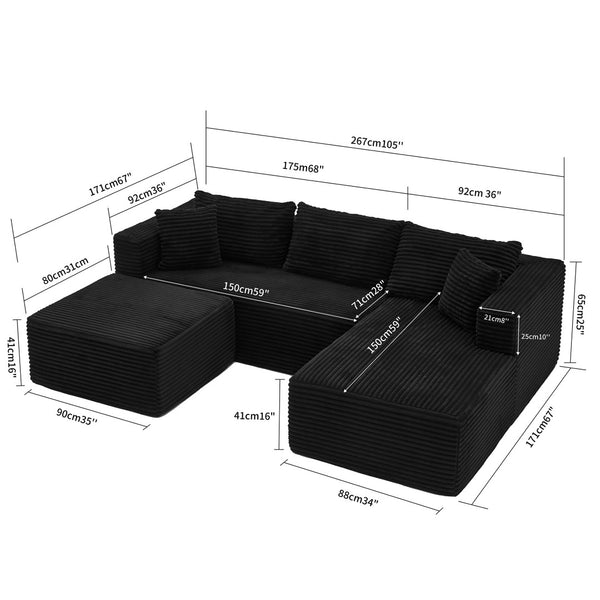 English Elm 105 Inch Modular Corduroy Sectional Sofa with Chaise Ottoman and Storage Pocket Black - A W3728S00036