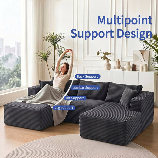 English Elm 105 Inch Modular Corduroy Sectional Sofa with Chaise Ottoman and Storage Pocket Grey - A W3728S00037