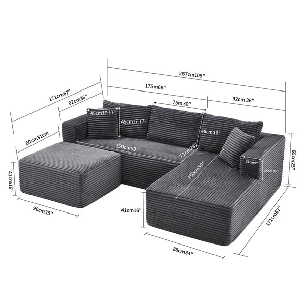 English Elm 105 Inch Modular Corduroy Sectional Sofa with Chaise Ottoman and Storage Pocket Grey - A W3728S00037