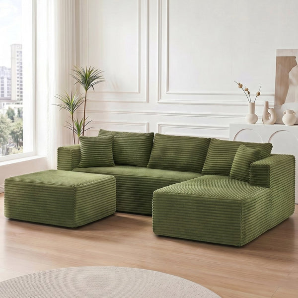 English Elm 105 Inch Modular Corduroy Sectional Sofa with Chaise Ottoman and Storage Pocket Green - A W3728S00038