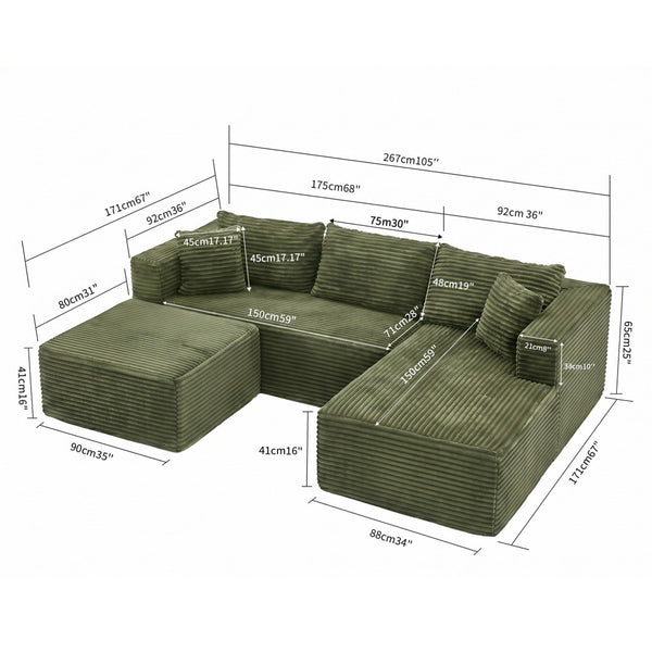English Elm 105 Inch Modular Corduroy Sectional Sofa with Chaise Ottoman and Storage Pocket Green - A W3728S00038