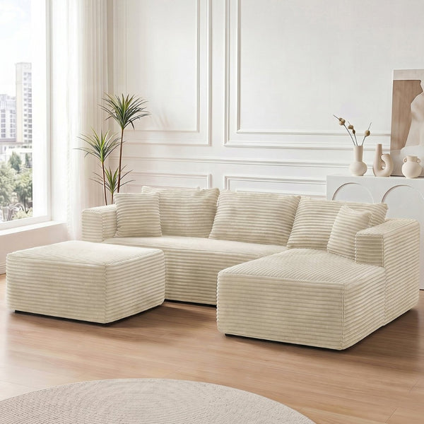 English Elm 105 Inch Modular Corduroy Sectional Sofa with Chaise Ottoman and Storage Pocket Beige - A W3728S00039