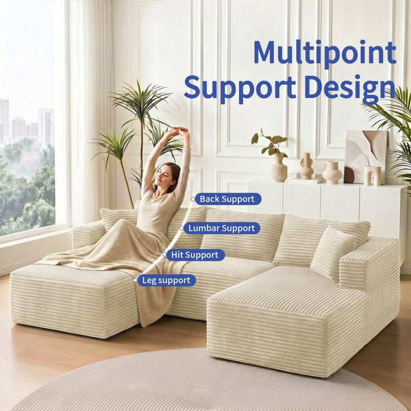 English Elm 105 Inch Modular Corduroy Sectional Sofa with Chaise Ottoman and Storage Pocket Beige - A W3728S00039