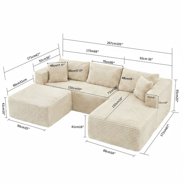 English Elm 105 Inch Modular Corduroy Sectional Sofa with Chaise Ottoman and Storage Pocket Beige - A W3728S00039