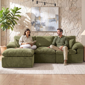 English Elm Modular Cloud Sectional Sofa with Chenille Deep Seat Cushions and Movable Ottoman W3728S00042