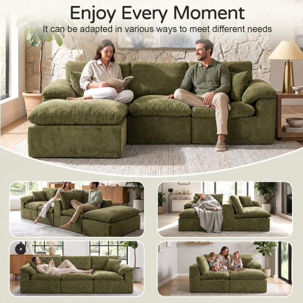 English Elm Modular Cloud Sectional Sofa with Chenille Deep Seat Cushions and Movable Ottoman W3728S00042