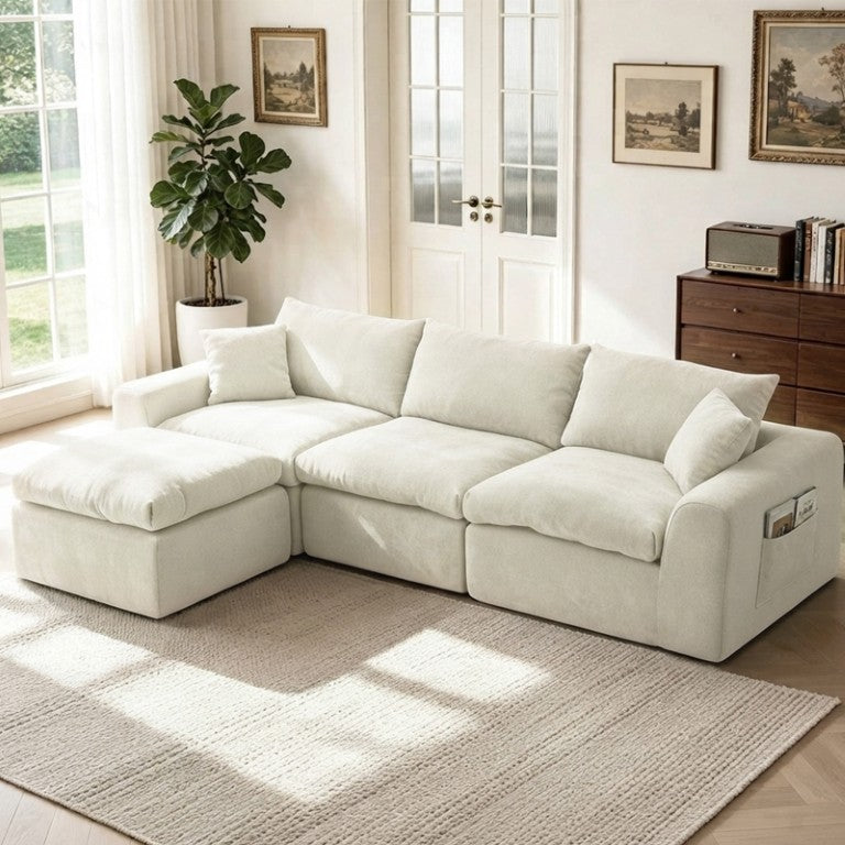English Elm 110 Inch Frameless Modular Sectional with Chaise High Density Foam Living Room Sofa Beige White W3728S00048