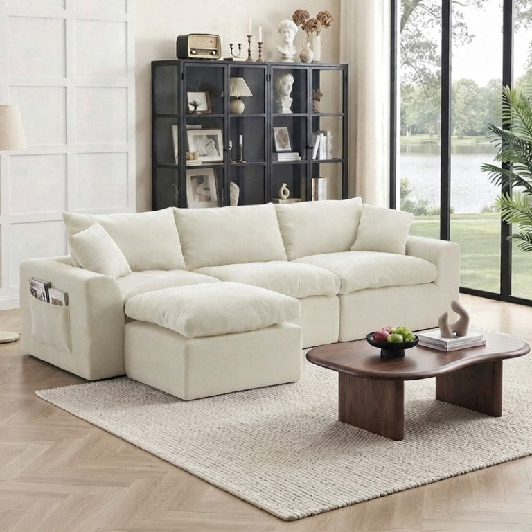 English Elm 110 Inch Frameless Modular Sectional with Chaise High Density Foam Living Room Sofa Beige White W3728S00048