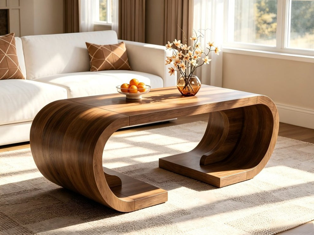 English Elm 47.24Curved Coffee Table Sculptural Arc Base Light Wood MDF Modern Living Room W3732P375490