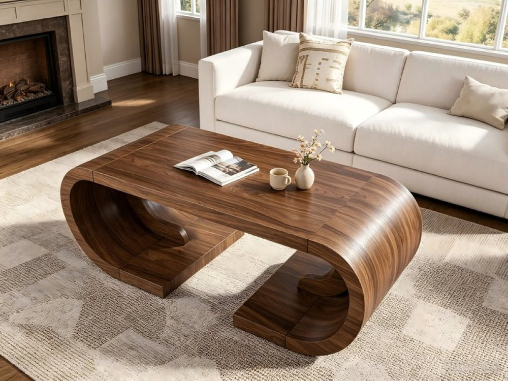 English Elm 47.24Curved Coffee Table Sculptural Arc Base Light Wood MDF Modern Living Room W3732P375490