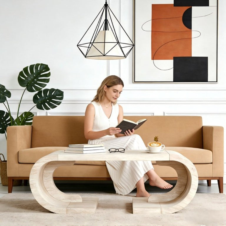 English Elm 47.24Curved Coffee Table Sculptural Open Base Natural Wood Grain Living Room Accent W3732P422842