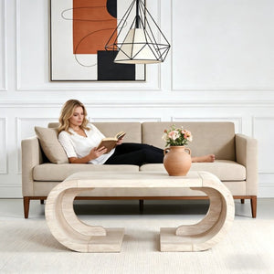 English Elm 47.24Curved Coffee Table Sculptural Open Base Natural Wood Grain Living Room Accent W3732P422842