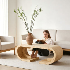 English Elm 47.24Curved Coffee Table Sculptural MDF Open Base Warm Wood Grain Living Room Accent W3732P422846