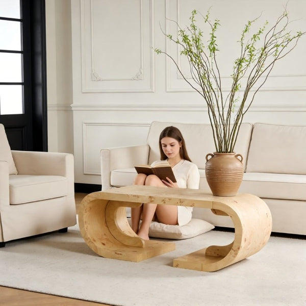 English Elm 47.24Curved Coffee Table Sculptural MDF Open Base Warm Wood Grain Living Room Accent W3732P422846