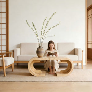 English Elm 47.24Curved Coffee Table Sculptural MDF Open Base Warm Wood Grain Living Room Accent W3732P422846