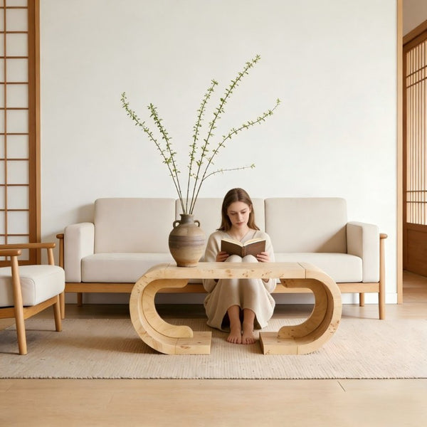English Elm 47.24Curved Coffee Table Sculptural MDF Open Base Warm Wood Grain Living Room Accent W3732P422846