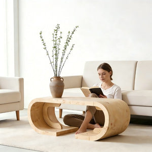 English Elm 47.24Curved Coffee Table Sculptural MDF Open Base Warm Wood Grain Living Room Accent W3732P422846